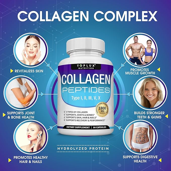 Collagen  Péptidos Toplux 1800 mg 90 Cápsulas - 5 Tipos de Colágeno en un solo Producto