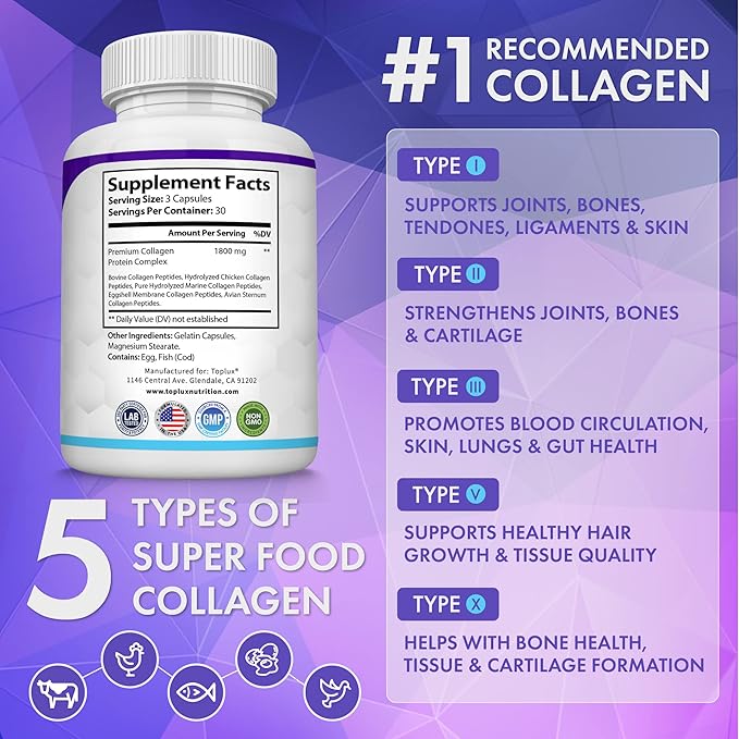 Collagen  Péptidos Toplux 1800 mg 90 Cápsulas - 5 Tipos de Colágeno en un solo Producto