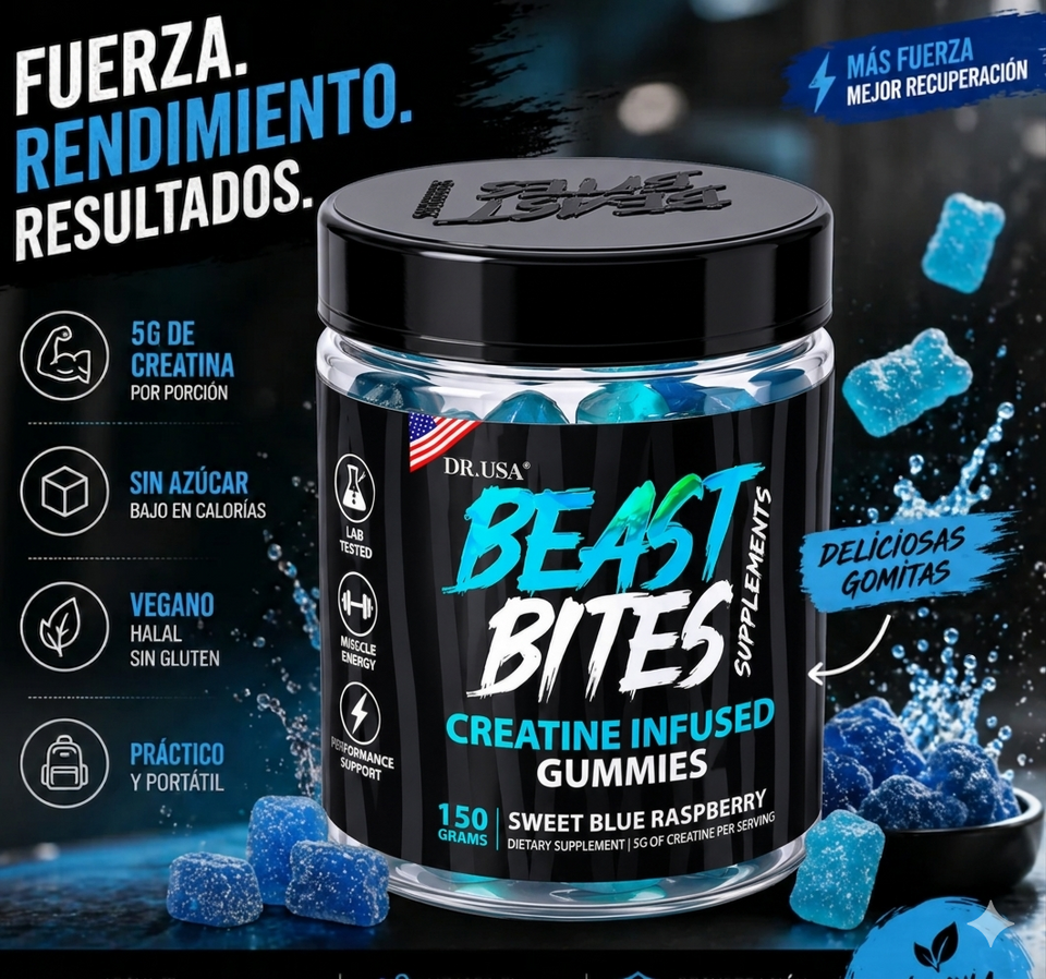 Beast Bites™ Creatina en Gomitas Veganas Sin Azúcar, Fuerza, y Recuperación Muscular