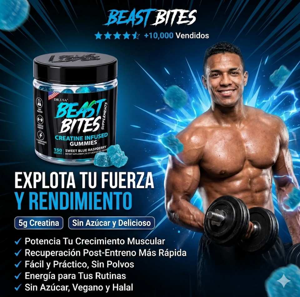 Beast Bites™ Creatina en Gomitas Veganas Sin Azúcar, Fuerza, y Recuperación Muscular