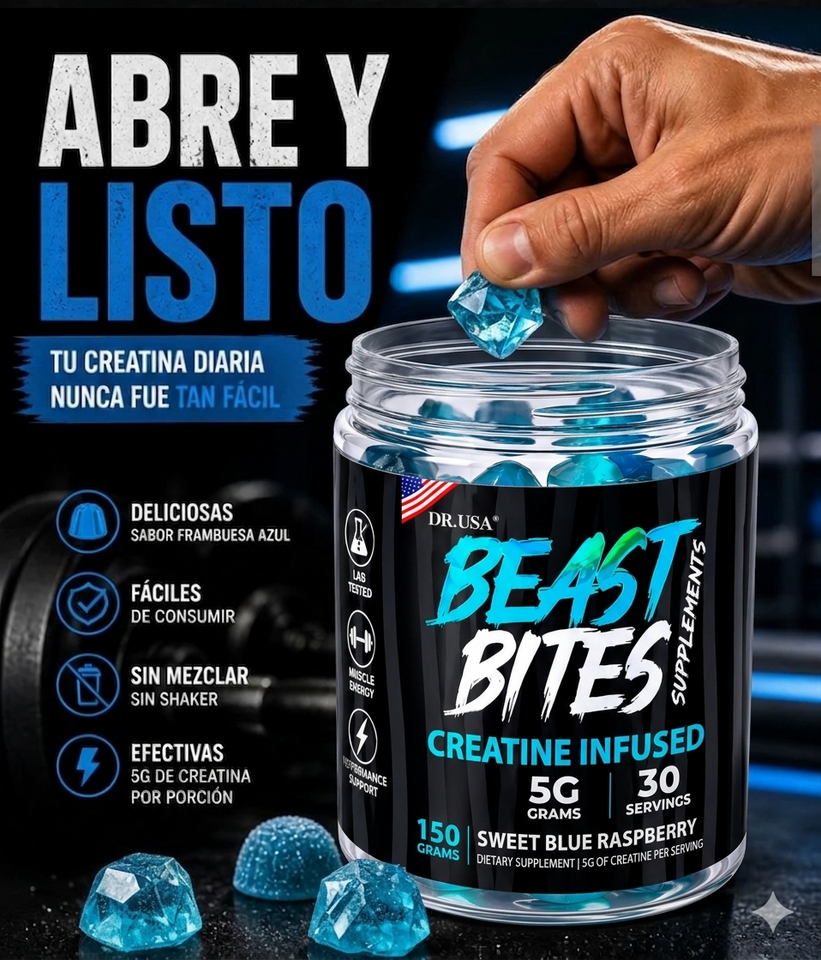 Beast Bites™ Creatina en Gomitas Veganas Sin Azúcar, Fuerza, y Recuperación Muscular