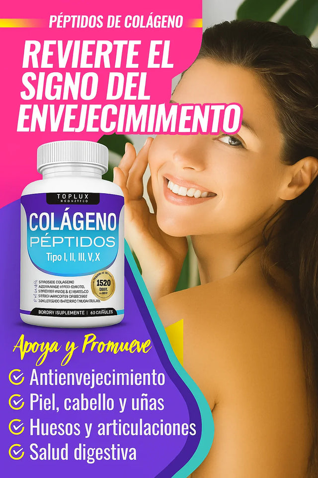 Collagen  Péptidos Toplux 1800 mg 90 Cápsulas - 5 Tipos de Colágeno en un solo Producto