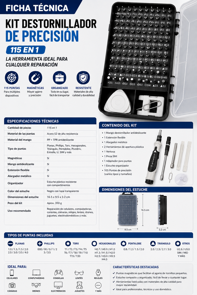 🛠️ KIT DE DESTORNILLADORES DE PRECISIÓN 115 EN 1