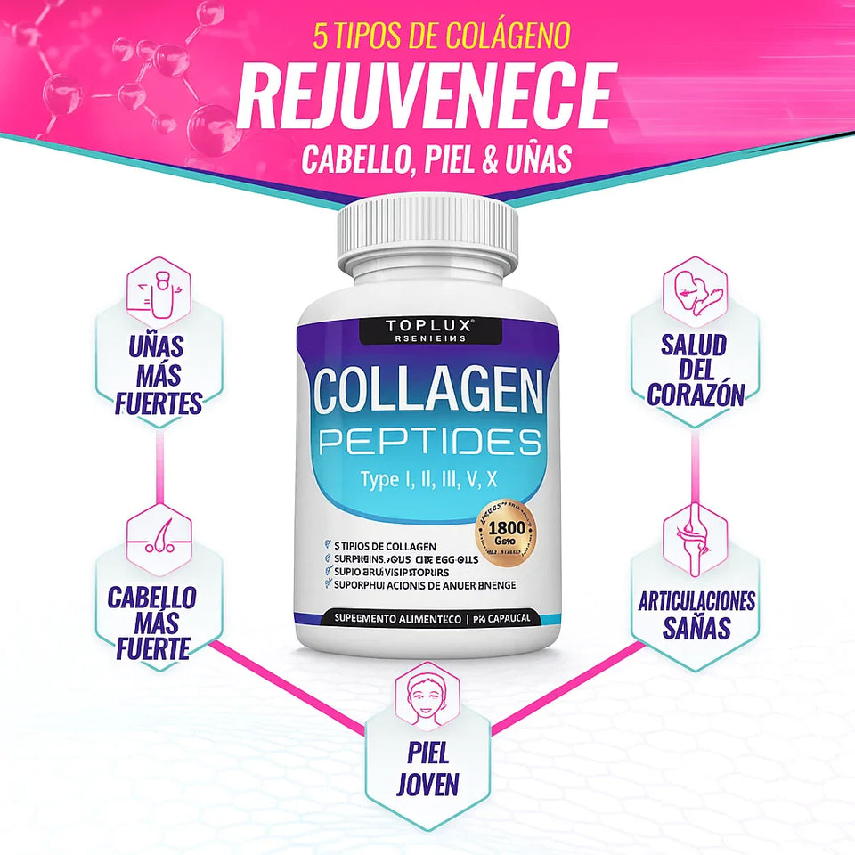 Collagen  Péptidos Toplux 1800 mg 90 Cápsulas - 5 Tipos de Colágeno en un solo Producto