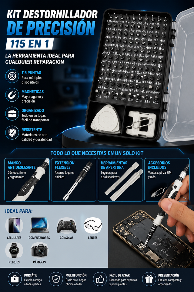 🛠️ KIT DE DESTORNILLADORES DE PRECISIÓN 115 EN 1